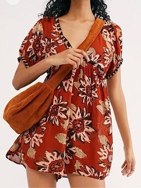 Free People On The Edge Romper Rust Floral Open Back Size Small